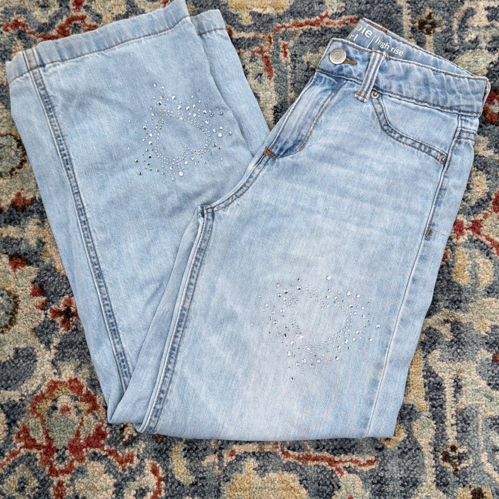 Hippie Girl Wide Leg Jeans Girls 8 Light Wash Rhinestone Heart Denim *Flawed